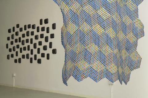 Installation view with Sift in foreground and Knurl behind
